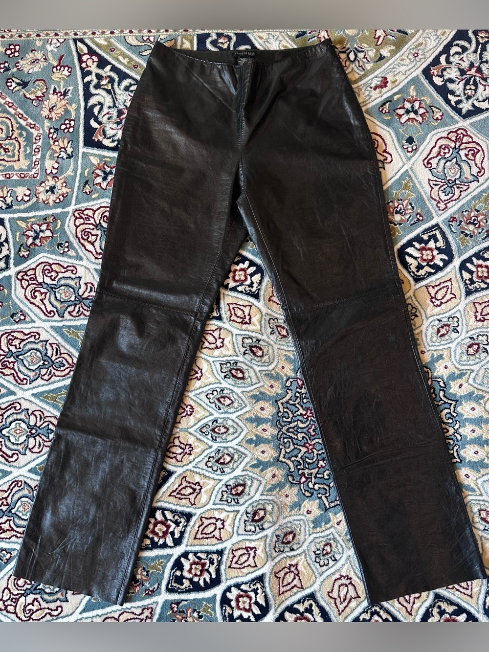 Kenneth Cole Black 100% Leather Straight Leg Pants Back Slit